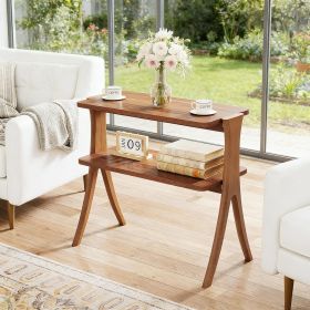 Wood End Table, Farmhouse Side Table with 2-Tier Storage Shelf