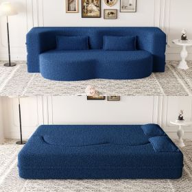 Modern Floor Sofa with 2 Pillows,Convertible Teddy Fabric Foam-Filled Sleeper Sofa Bed,15" Full Size Folding Mattress for Living Room,Guest Bed