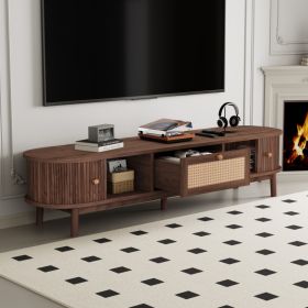 Modern Design TV Stand For 75 TVs, Media Console TV Cabinet With Rattan-Front Drawer For Living Room, 1 Drawer And 2 Sliding-Door Cabinets (Option: Dark Brown)